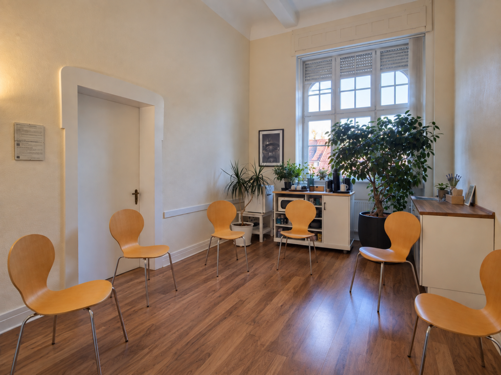 Gruppenraum der psychotherapeutischen Praxis mit Stuhlkreis